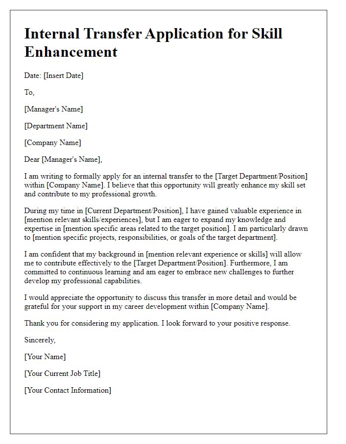 Letter template of internal transfer application for skill enhancement.