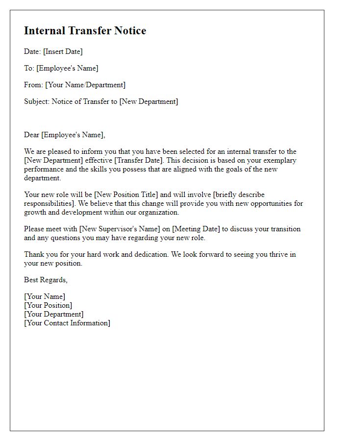 Letter template of internal transfer notice for departmental change.