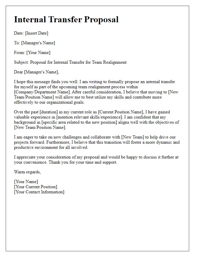 Letter template of internal transfer proposal for team realignment.