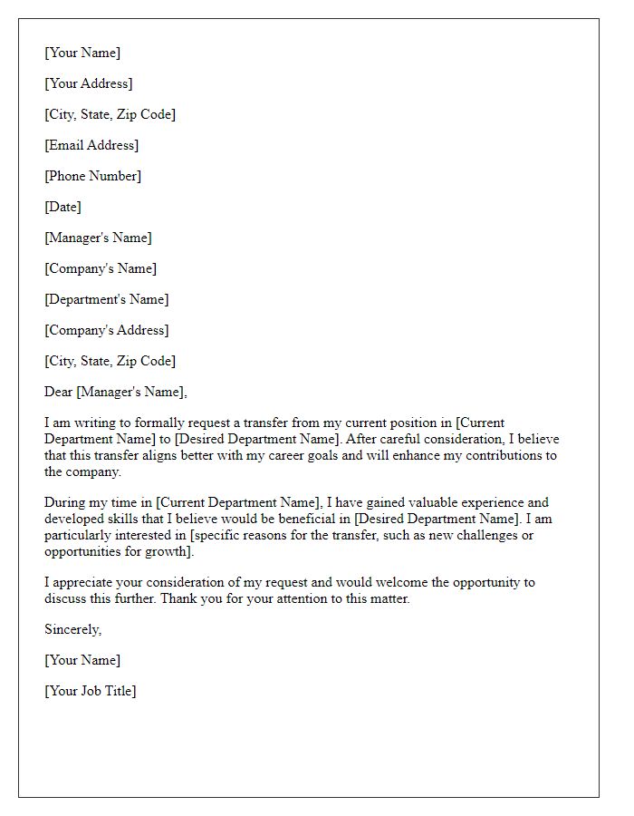 Letter template of formal request for departmental transfer