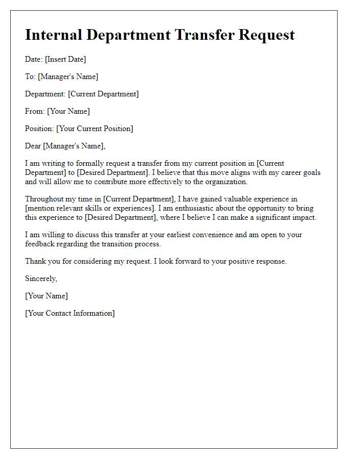 Letter template of internal department transfer request