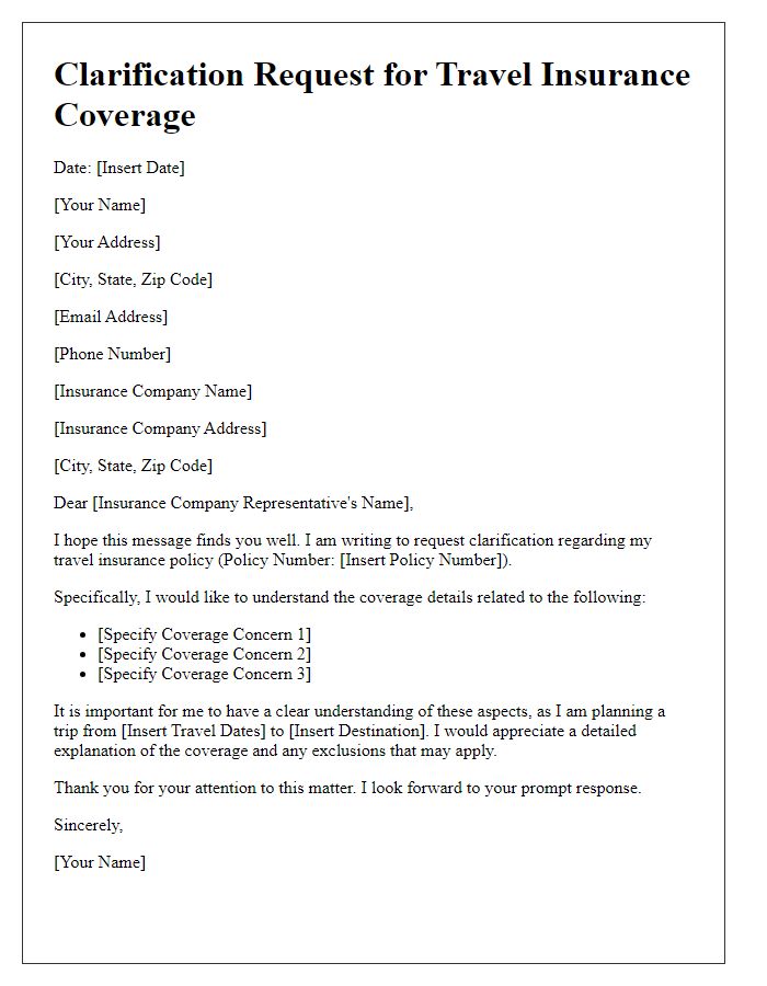 Letter template of clarification request for travel insurance coverage