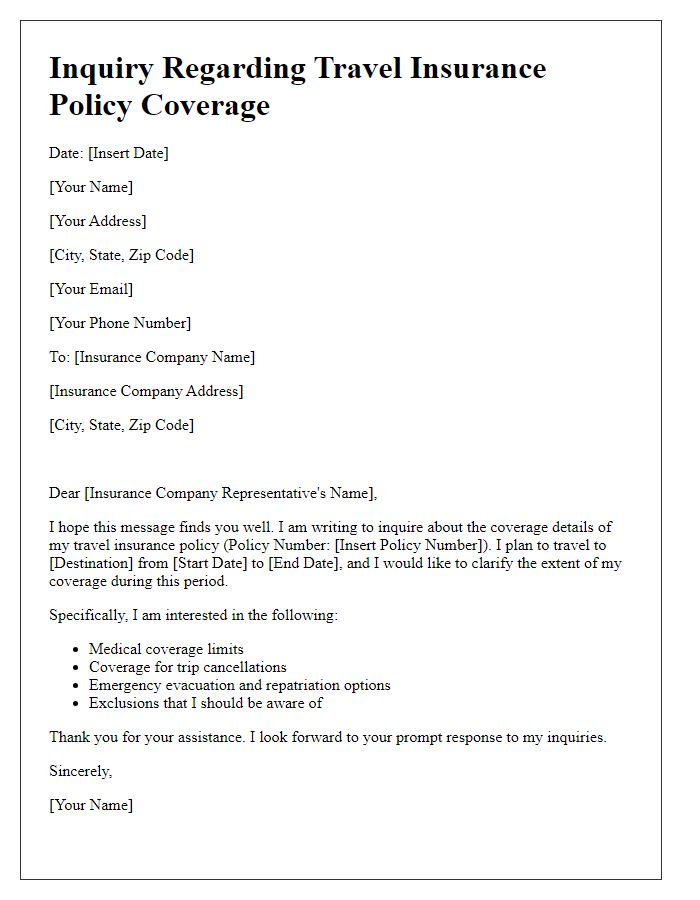 Letter template of inquiry regarding travel insurance policy coverage