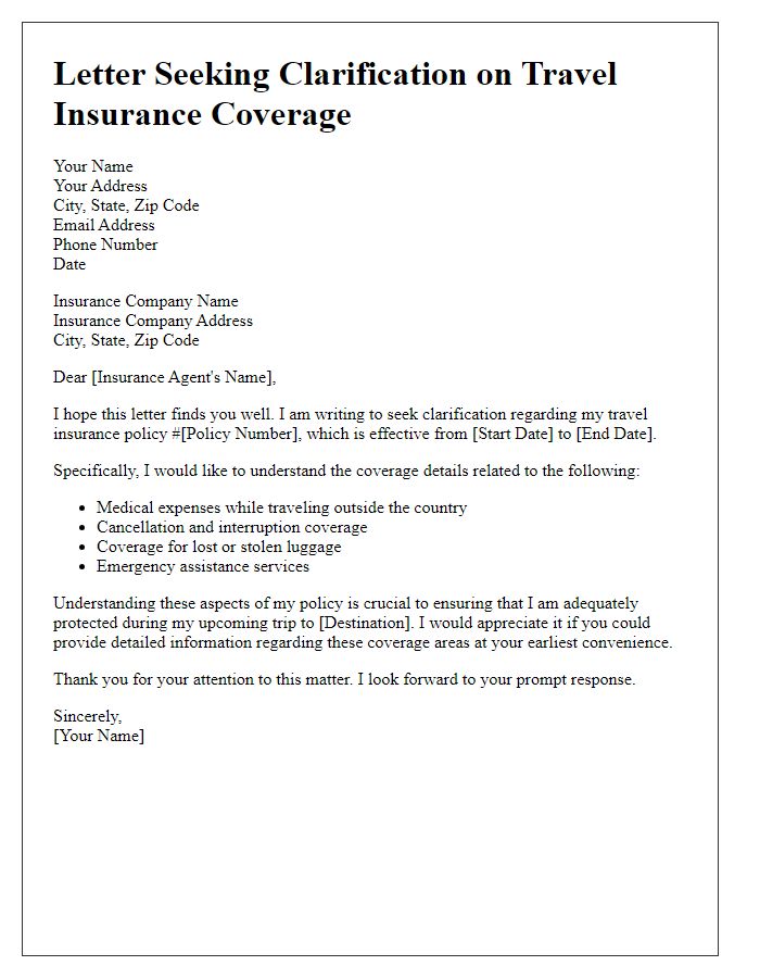 Letter template of seeking clarification on travel insurance coverage