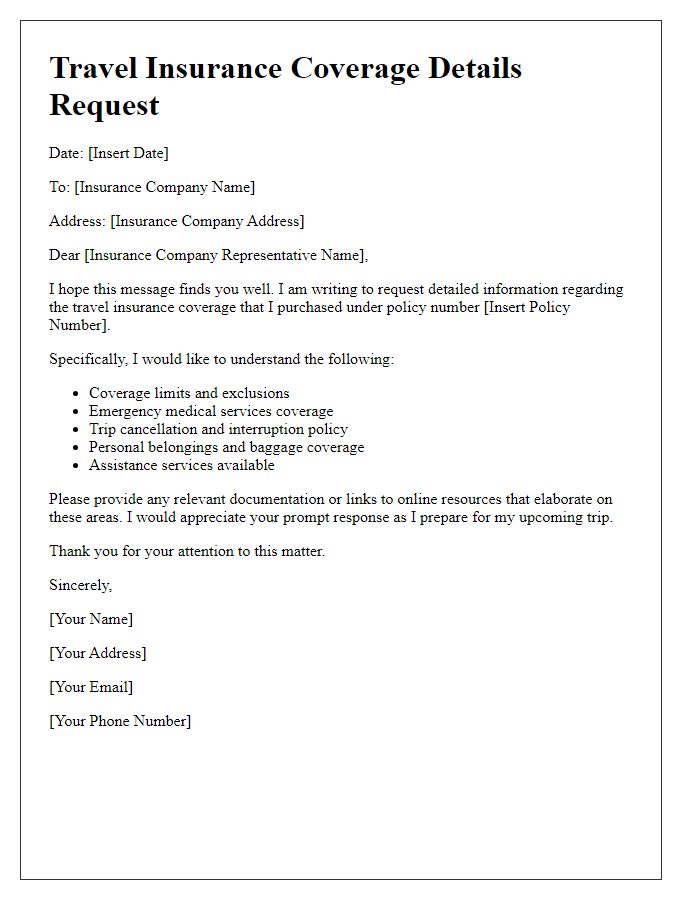 Letter template of travel insurance coverage details request