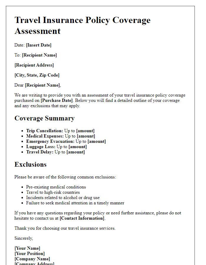 Letter template of travel insurance policy coverage assessment