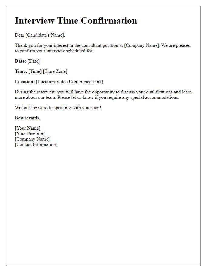 Letter template of interview time confirmation for a consultant role