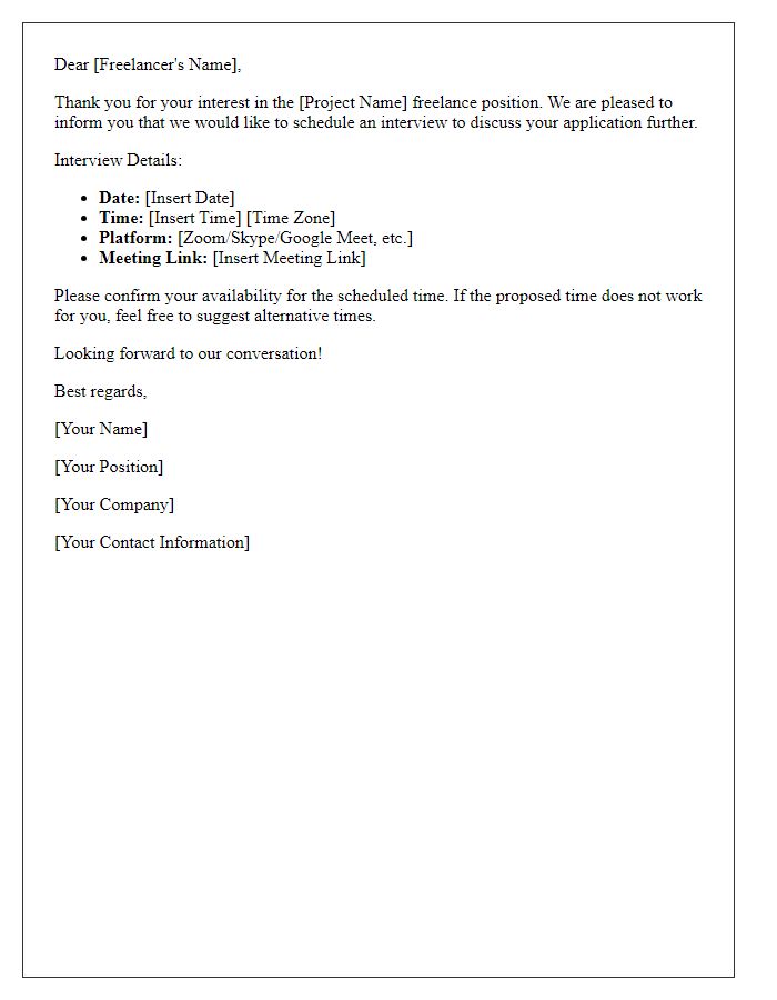 Letter template of interview time confirmation for a freelance project