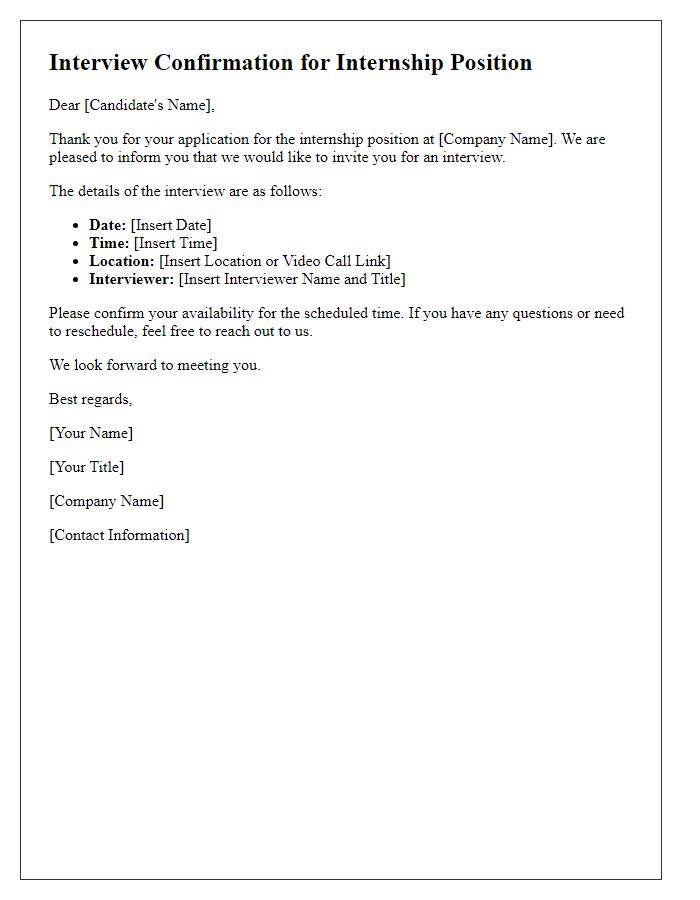 Letter template of interview time confirmation for an internship position