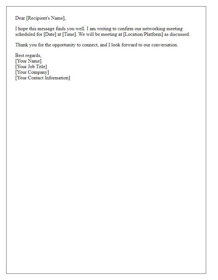 Letter template of interview time confirmation for a networking meeting