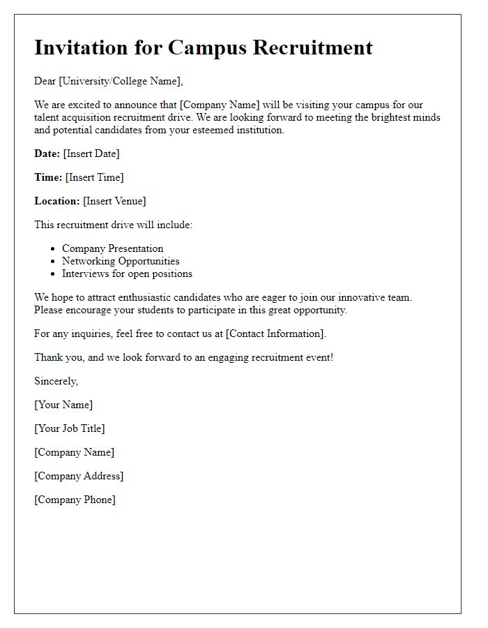 Letter template of talent acquisition invitation for campus recruitment.