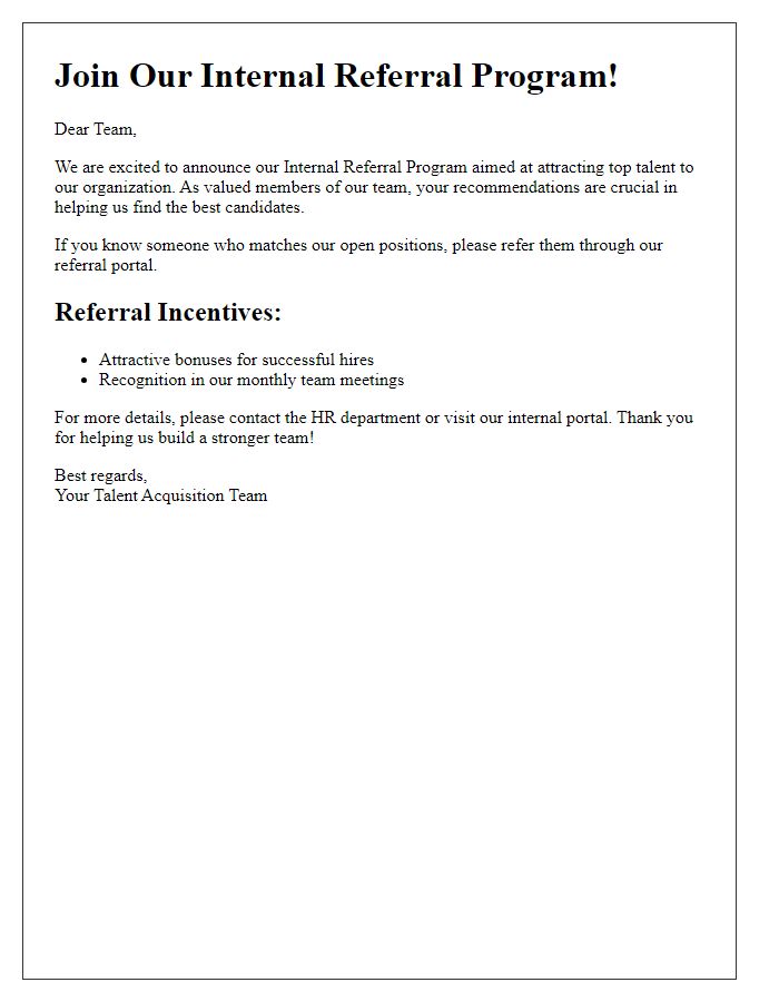 Letter template of talent acquisition invitation for an internal referral program.