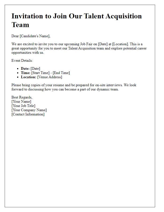 Letter template of talent acquisition invitation for a job fair.