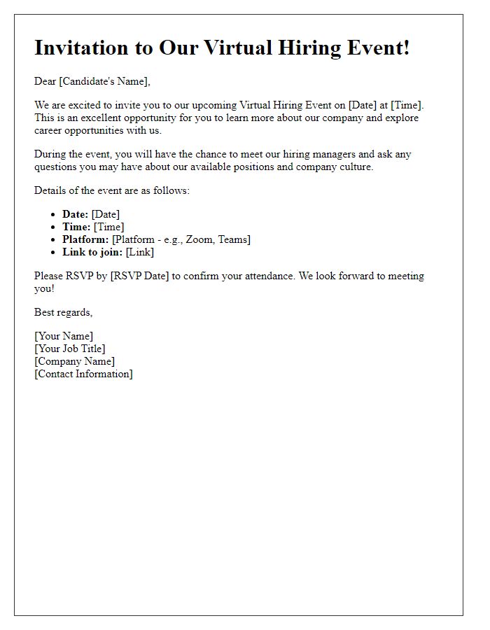 Letter template of talent acquisition invitation to a virtual hiring event.