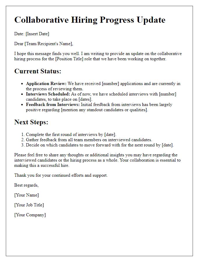Letter template of collaborative hiring progress update