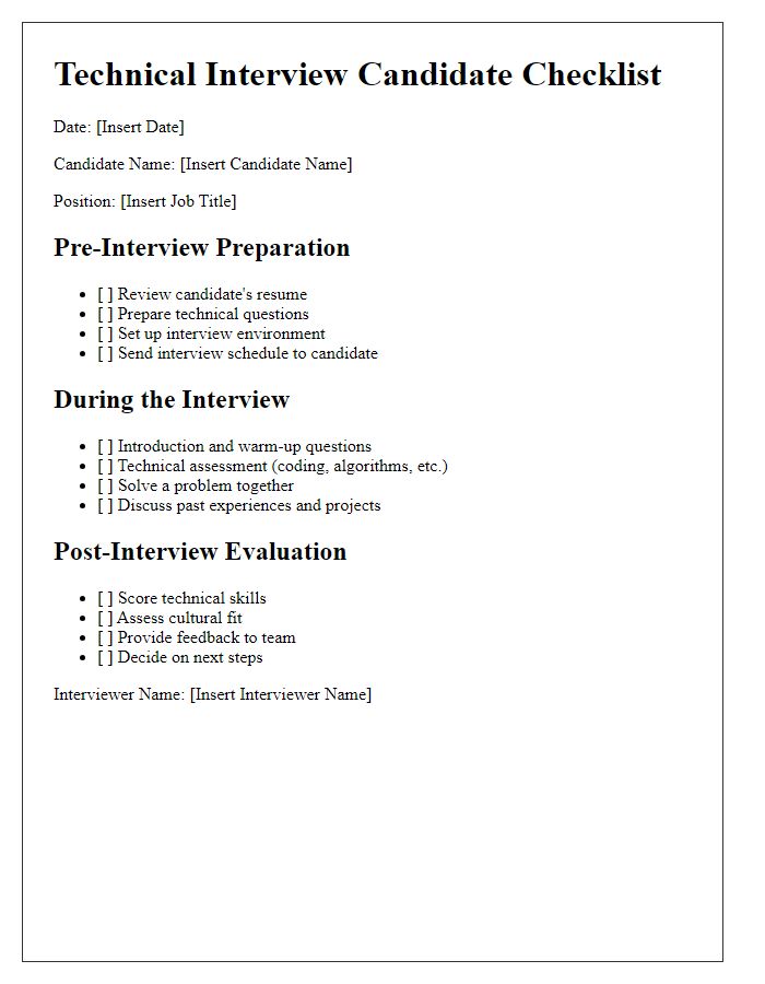 Letter template of technical interview candidate checklist