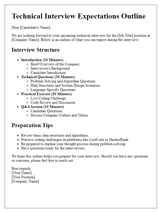 Letter template of technical interview expectations outline