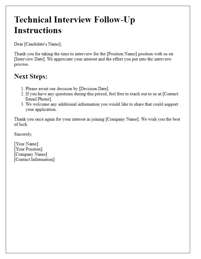 Letter template of technical interview follow-up instructions