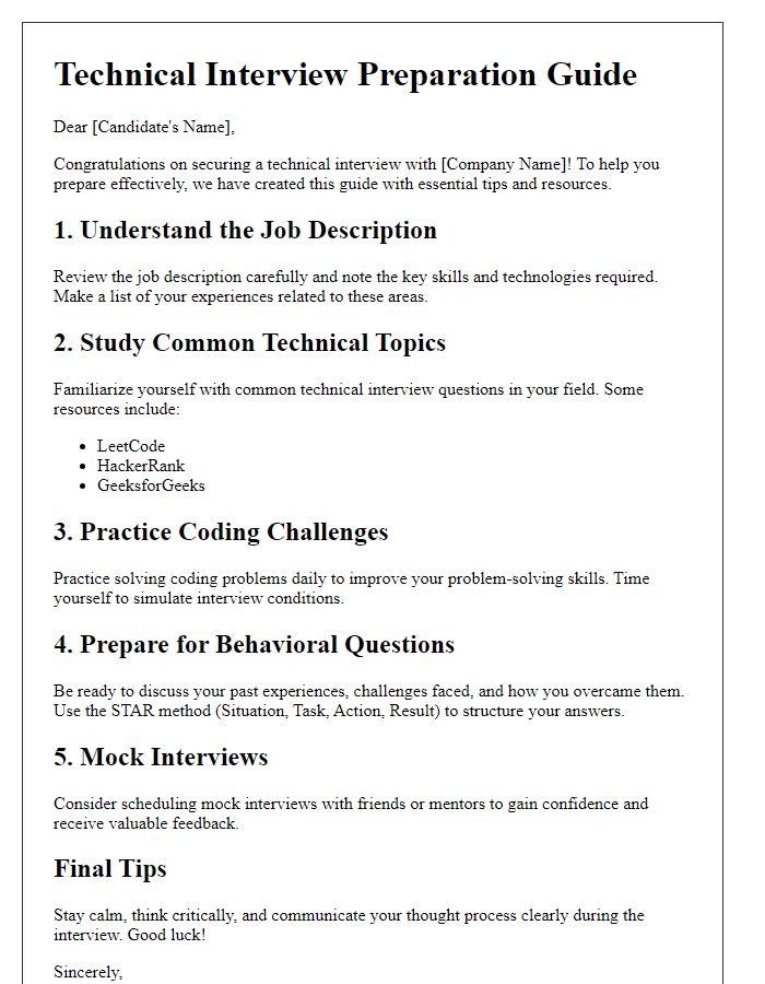 Letter template of technical interview preparation guide