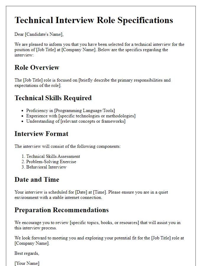 Letter template of technical interview role specifications