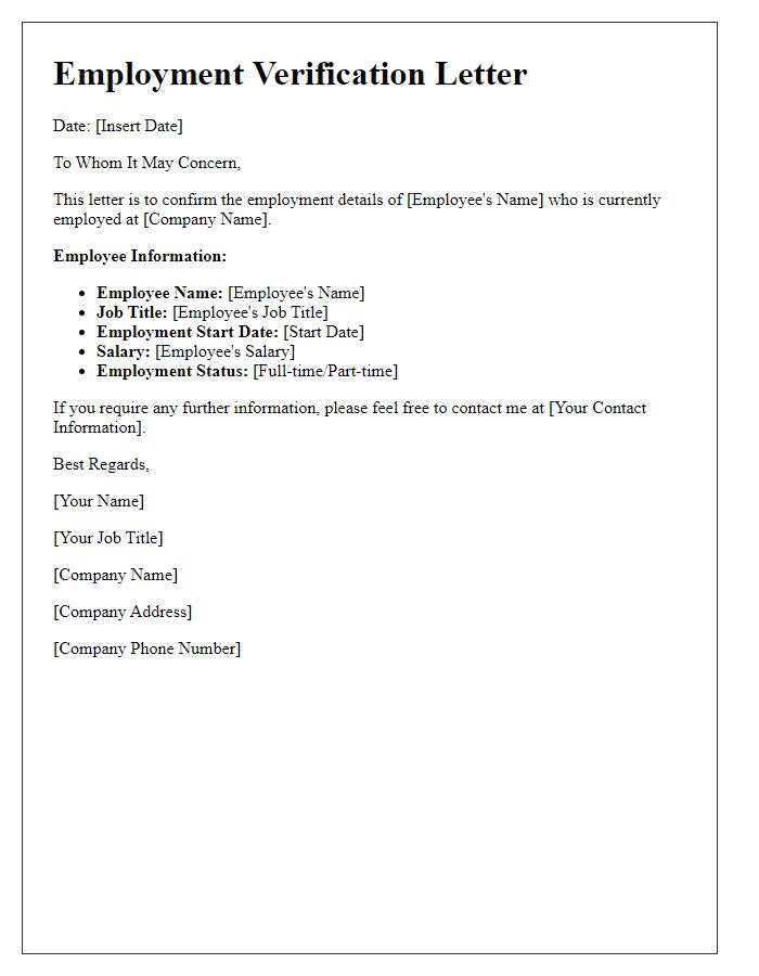 Letter template of employment details for credit card application.