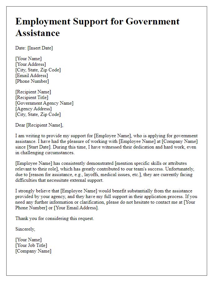 Letter template of employment support for government assistance.