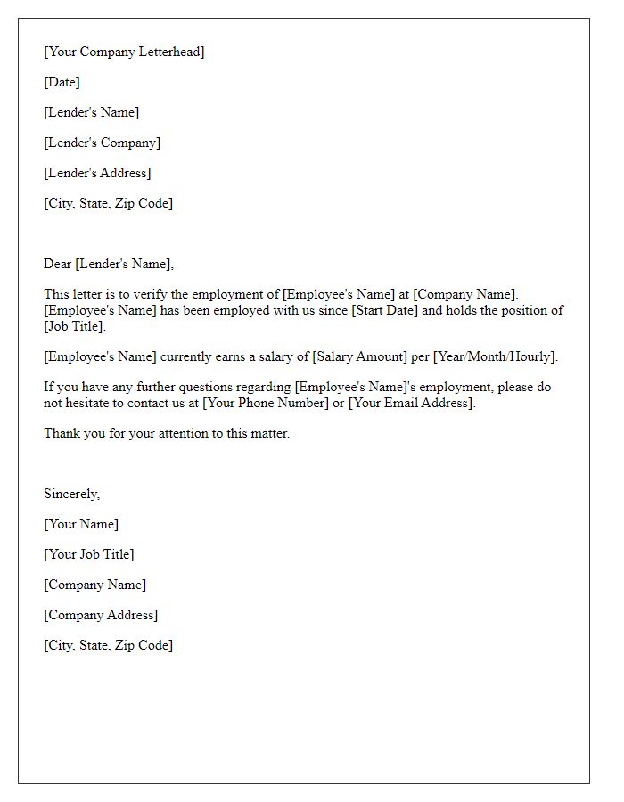 Letter template of employment verification for loan application.