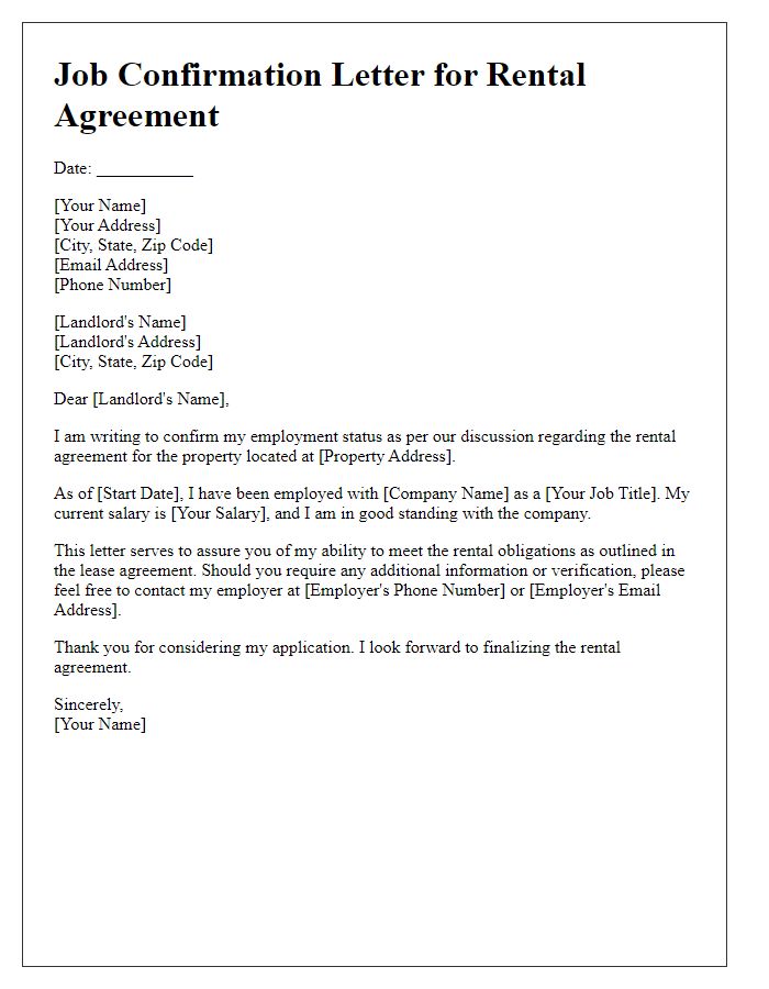 Letter template of job confirmation for rental agreement.