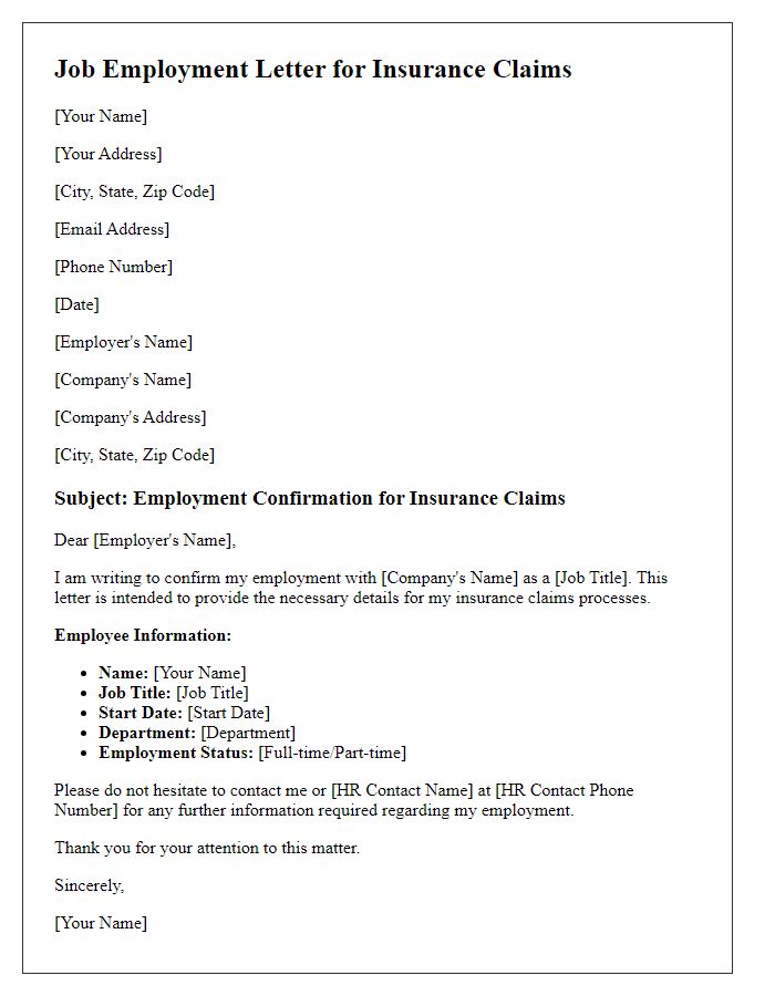 Letter template of job employment for insurance claims.