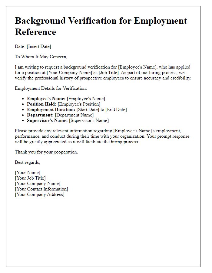 Letter template of background verification for employment reference