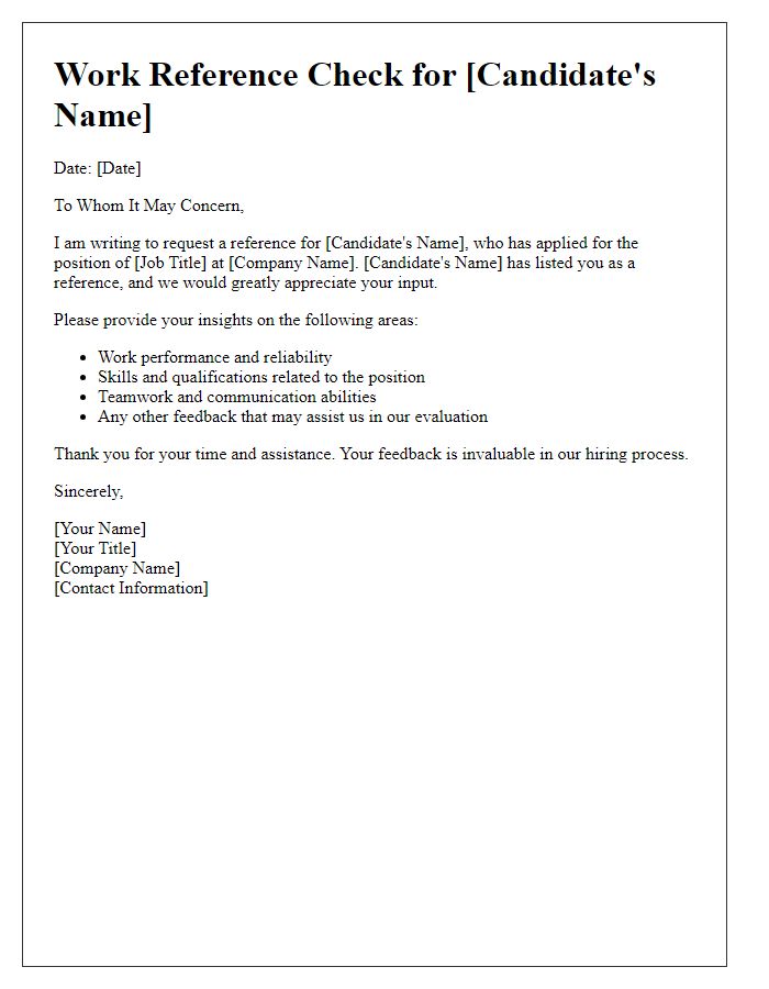 Letter template of work reference check for candidate evaluation