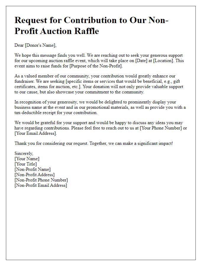 Letter template of non-profit auction raffle contribution request