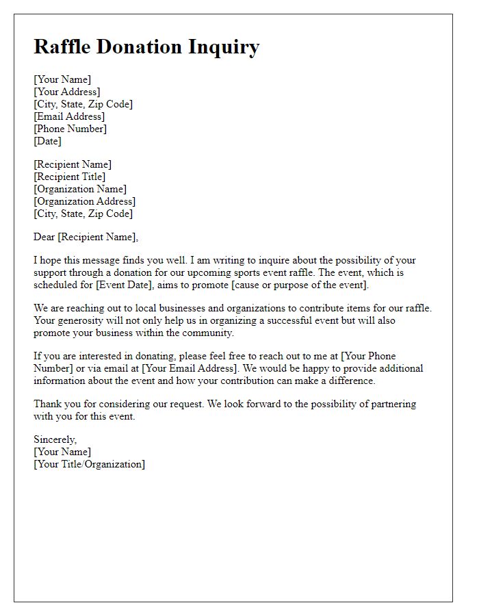 Letter template of sports event raffle donation inquiry