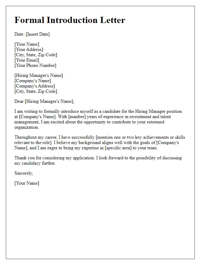 Letter template of formal introduction for the hiring manager role.