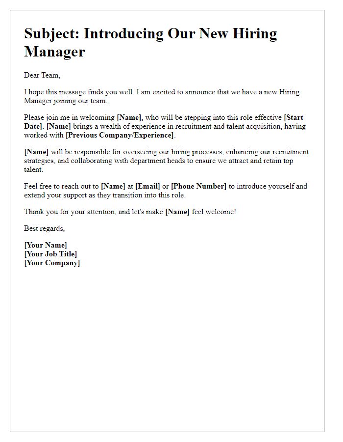 Letter template of introduction email for hiring manager announcement.