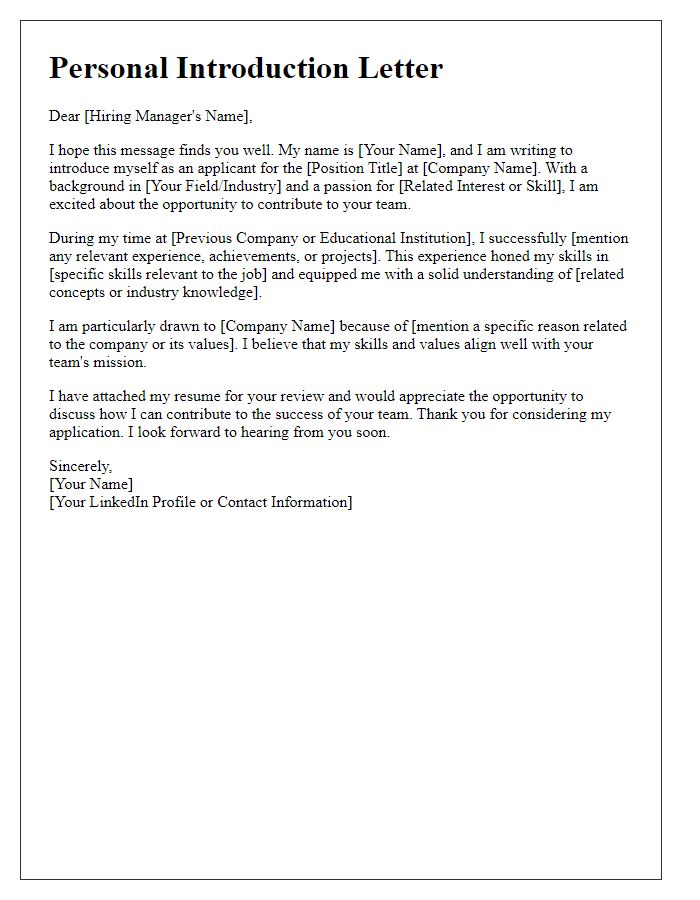 Letter template of personal introduction for hiring manager.