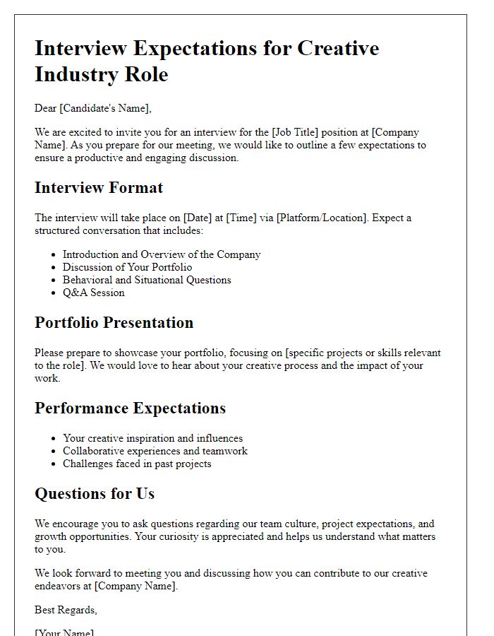 Letter template of interview expectations for creative industry roles