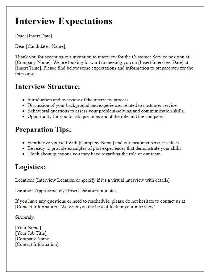 Letter template of interview expectations for customer service positions