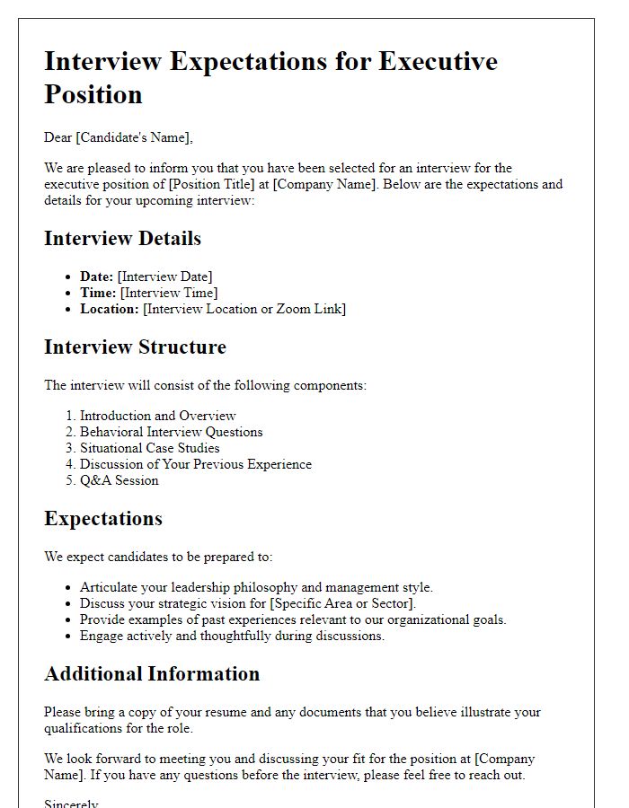 Letter template of interview expectations for executive positions