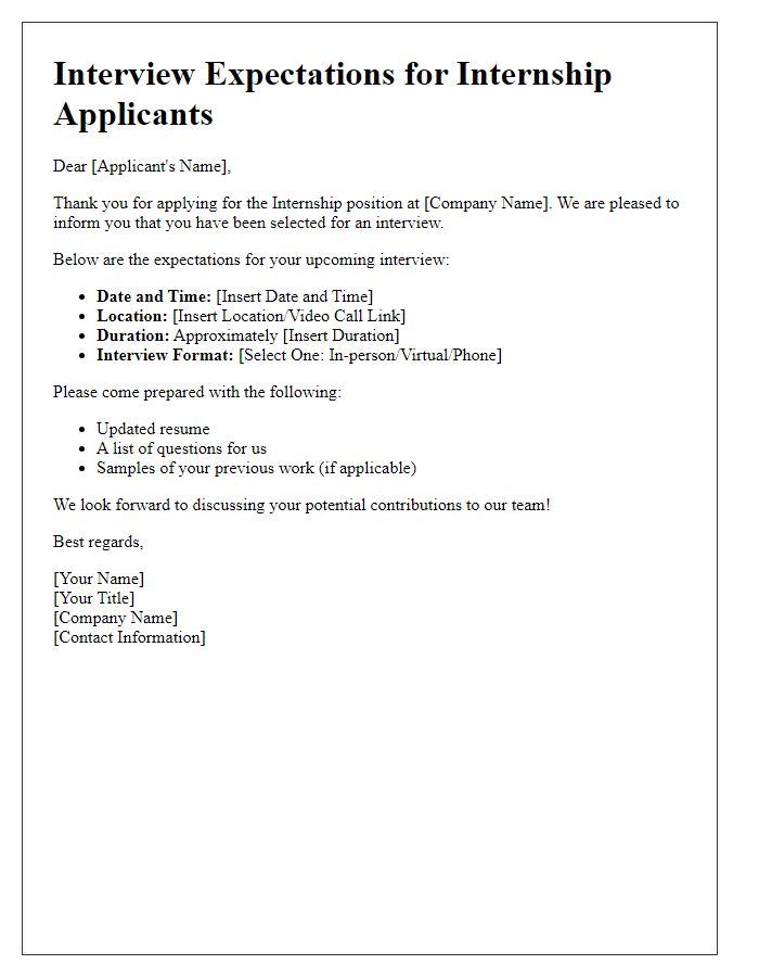 Letter template of interview expectations for internship applicants