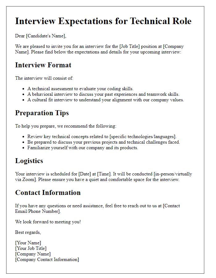 Letter template of interview expectations for technical roles