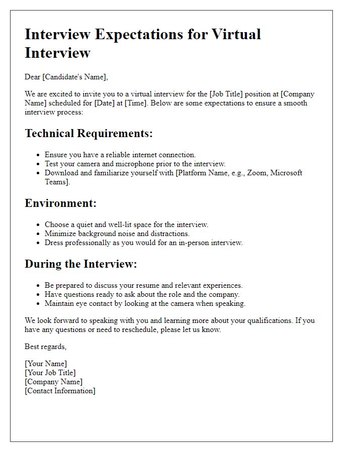 Letter template of interview expectations for virtual interviews