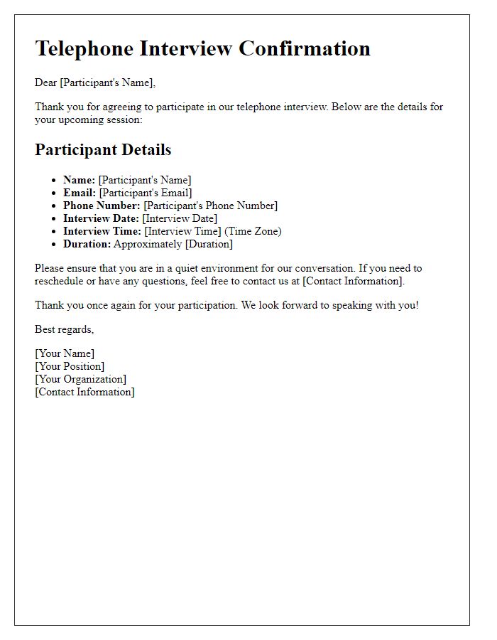 Letter template of telephone interview participant details