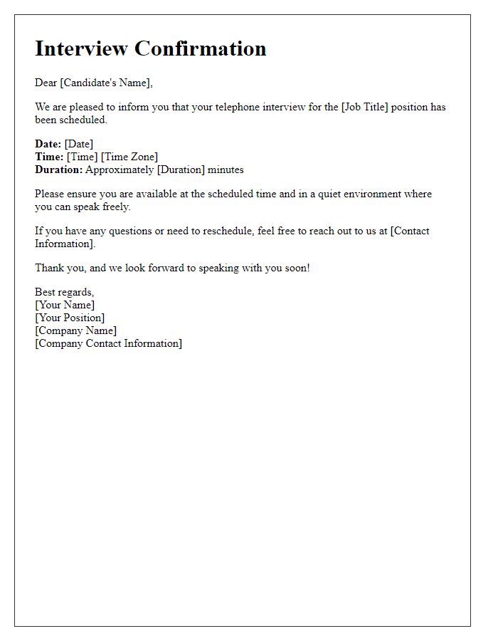 Letter template of telephone interview scheduling confirmation