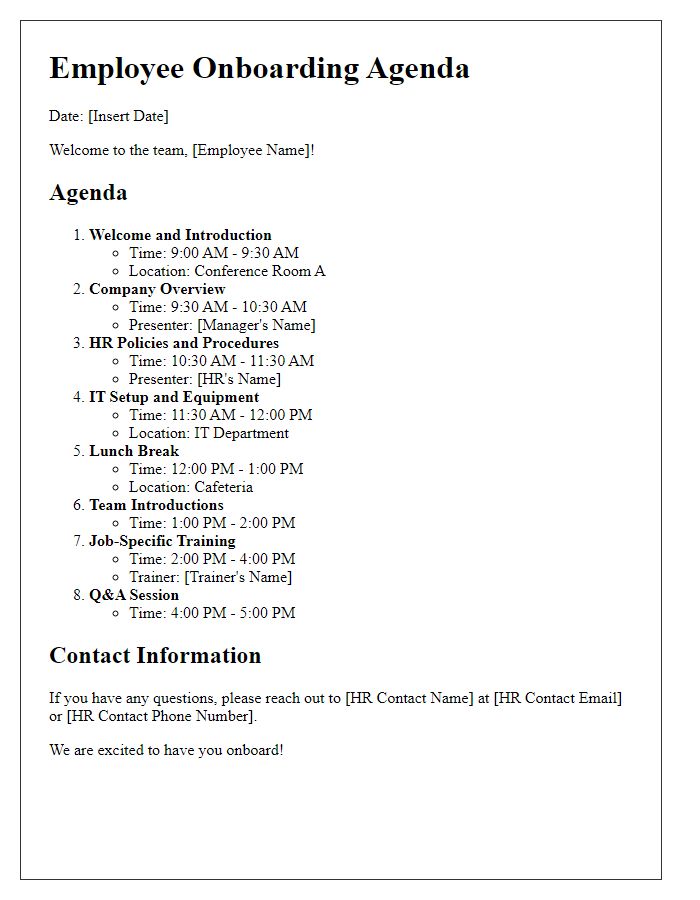 Letter template of employee onboarding agenda