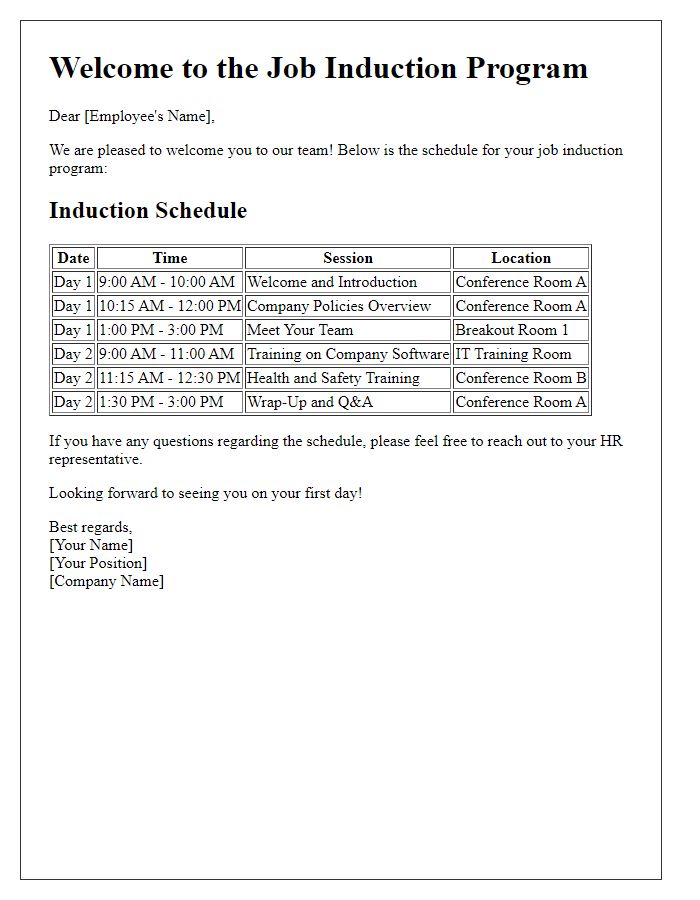 Letter template of job induction program schedule