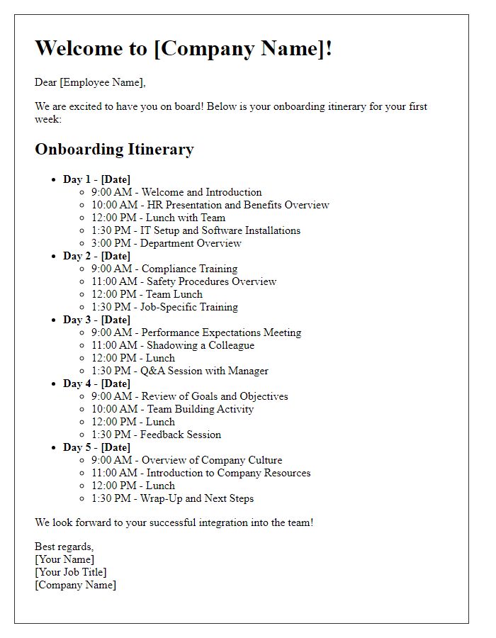 Letter template of job onboarding itinerary for new employees