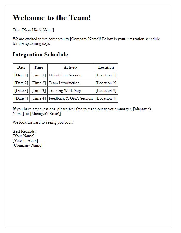 Letter template of new hire integration schedule