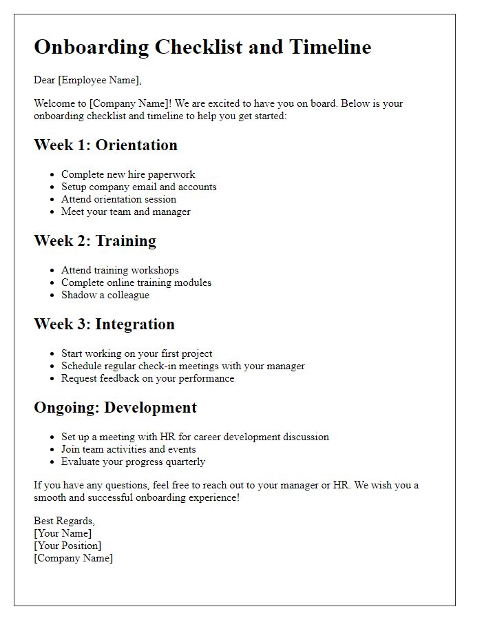 Letter template of onboarding checklist and timeline