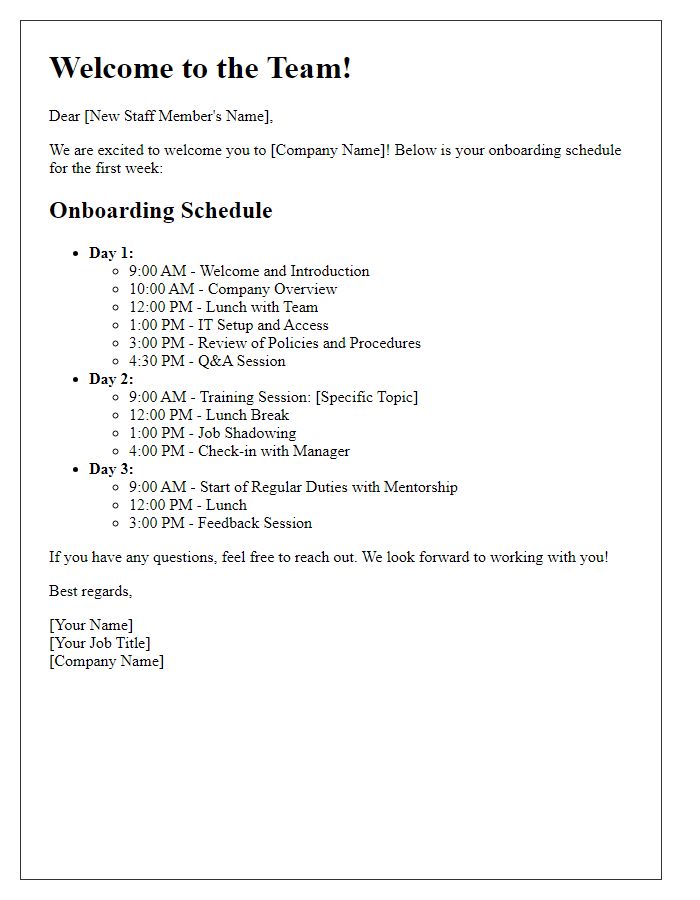 Letter template of onboarding schedule for newly hired staff